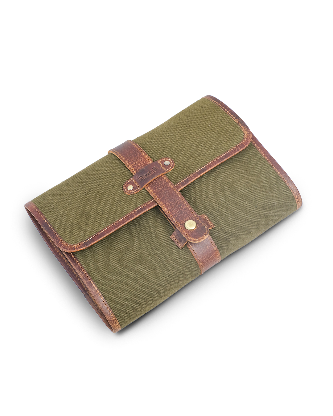 Green leather care kit with brown leather straps on a white background